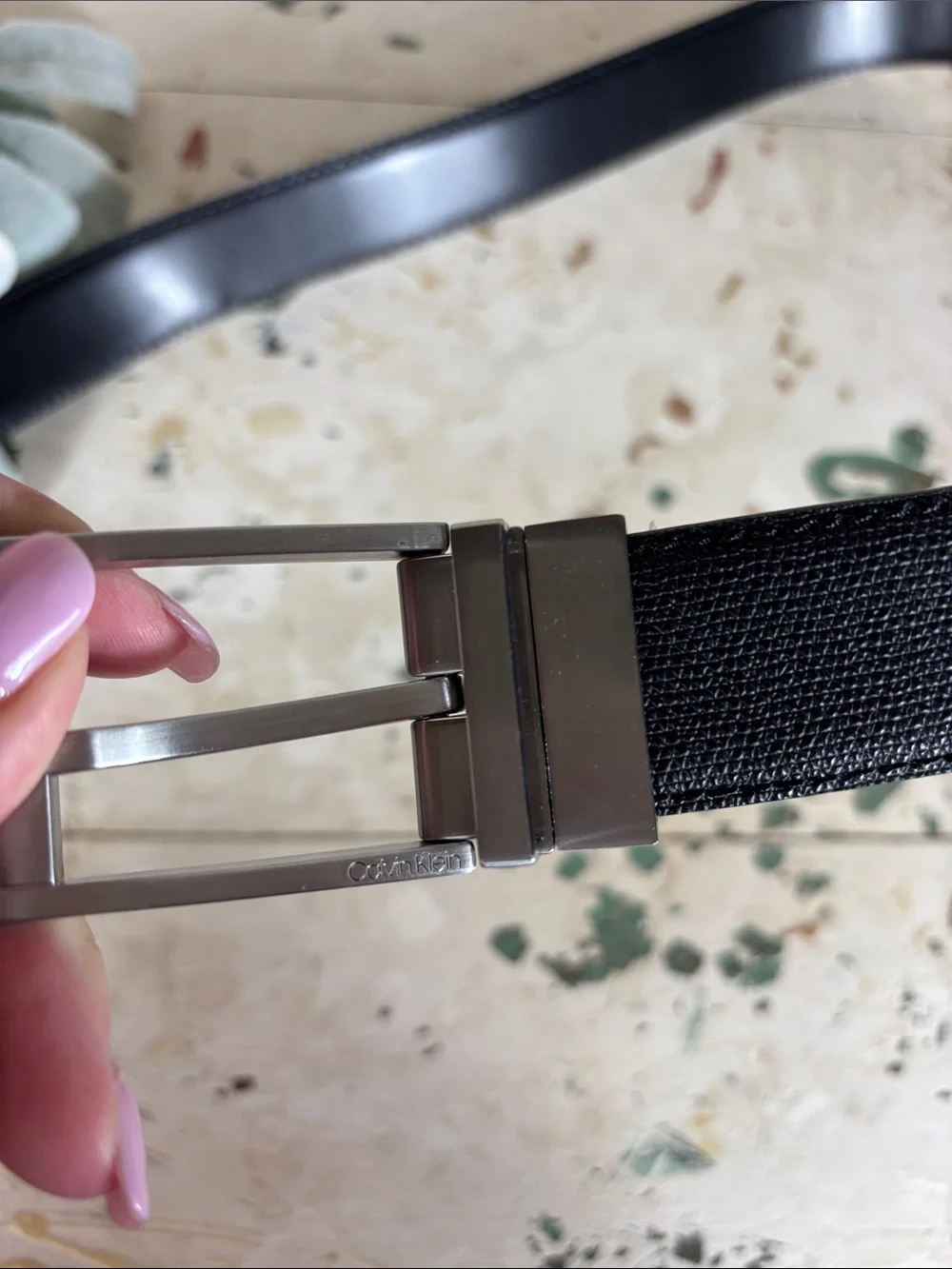 Calvin Klein > Black Genuine Leather Dress Belt with Silver Buckle 32